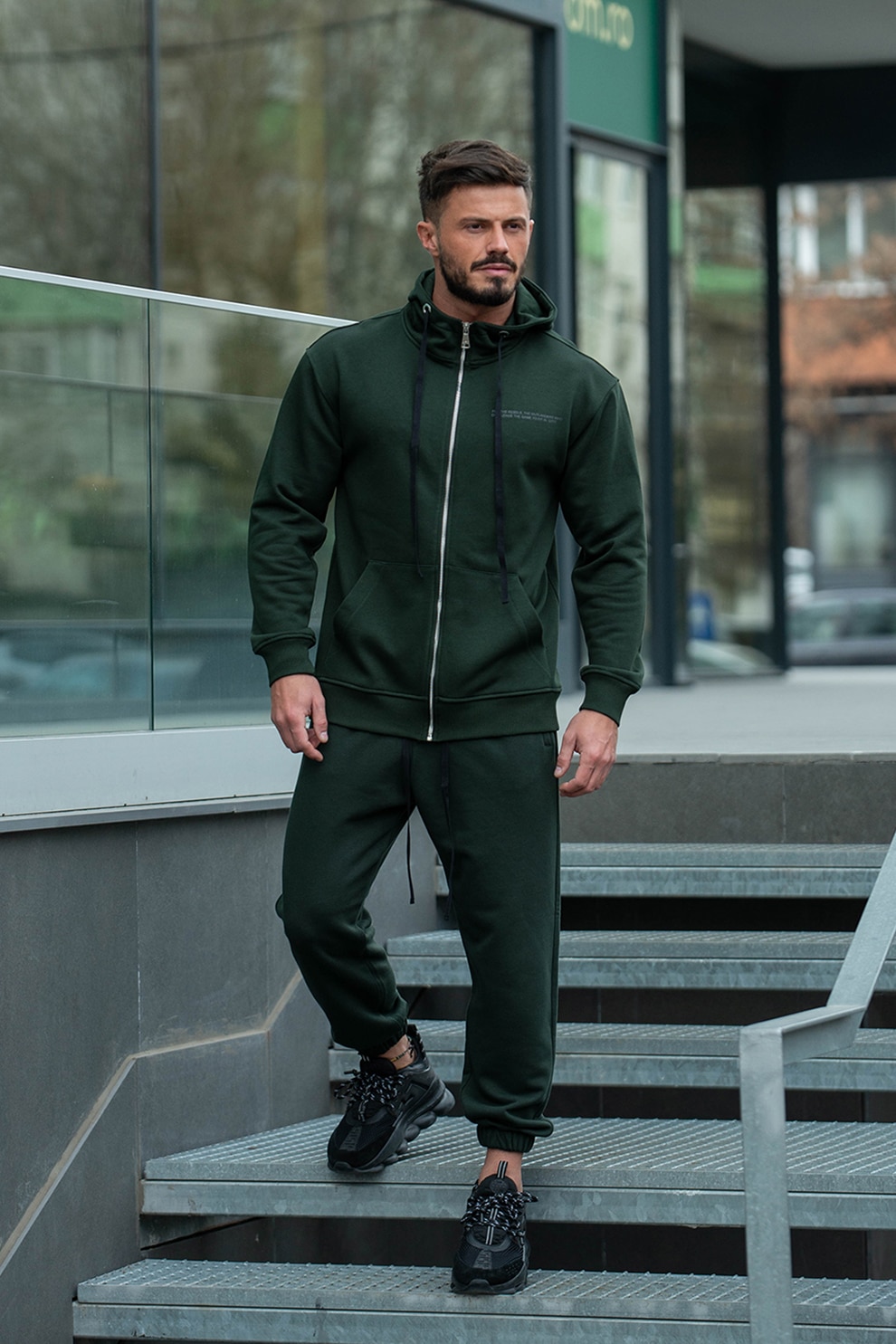 uFIT, Set de hanorac regular fit cu fermoar si pantaloni sport Rock - 2 piese, Verde inchis, S