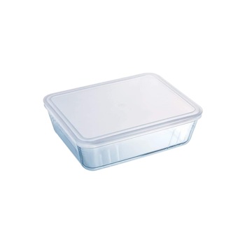 Caserola dreptunghiulara cu capac plastic, din sticla termorezistenta  Caserola dreptunghiulara cu capac plastic, din sticla termorezistenta