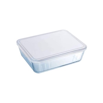 Caserola dreptunghiulara cu capac plastic, din sticla termorezistenta  Caserola dreptunghiulara cu capac plastic, din sticla termorezistenta