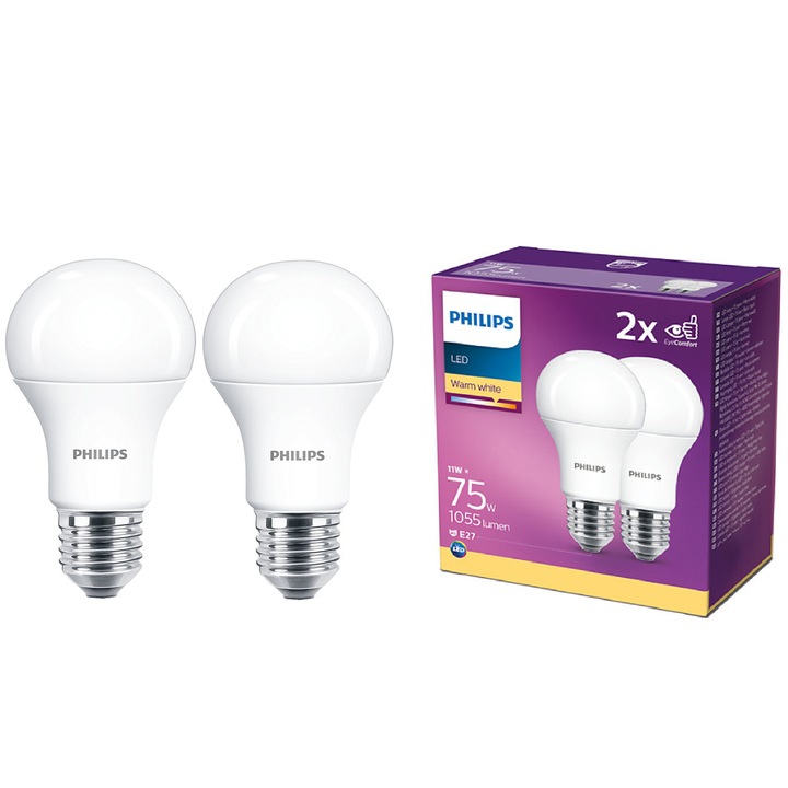 Pachet 2 becuri LED Philips, EyeComfort, A60, E27, 11W (75W), 1055 lm, lumina alba calda (2700K), clasa energetica F