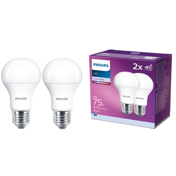 Pachet 2 becuri LED Philips, EyeComfort, A60, E27, 10W (75W), 1055 lm, Clasa energetica F,lumina alba rece (4000K) Pachet 2 becuri LED Philips, EyeComfort, A60, E27, 10W (75W), 1055 lm, Clasa energetica F,lumina alba rece (4000K)