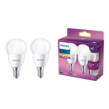 Pachet 2 becuri LED Philips, EyeComfort, P48, E14, 7W (60W), 806 lm, A+, lumina alba calda (2700K) Pachet 2 becuri LED Philips, EyeComfort, P48, E14, 7W (60W), 806 lm, A+, lumina alba calda (2700K)