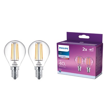 Pachet 2 becuri LED Philips Classic, EyeComfort, E14, 4.3W (40W), 470 lm,Clasa energetica F, lumina alba rece (4000K) Pachet 2 becuri LED Philips Classic, EyeComfort, E14, 4.3W (40W), 470 lm,Clasa energetica F, lumina alba rece (4000K)