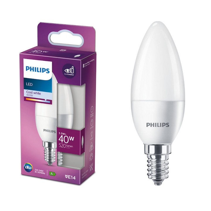 Philips E14 LED izzó, 5,5W, 520lm, 4000K, hideg fehér