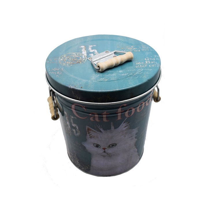 Galetusa decor cu capac din metal si manere din lemn, Naimeed D2644 Cat Food, Multicolor, 23 x 17 cm