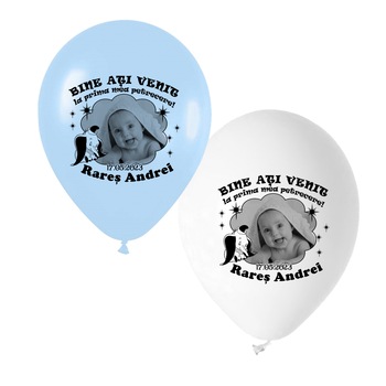 Set 14 baloane personalizate cu fotografie, Personalizari Cadouri, tematica elefantel si stelute, culoare alb si bleu Set 14 baloane personalizate cu fotografie, Personalizari Cadouri, tematica elefantel si stelute, culoare alb si bleu
