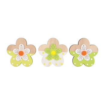 Set 3 flori din lemn cu clestisor, in nuante galbene, 6.5 cm Set 3 flori din lemn cu clestisor, in nuante galbene, 6.5 cm