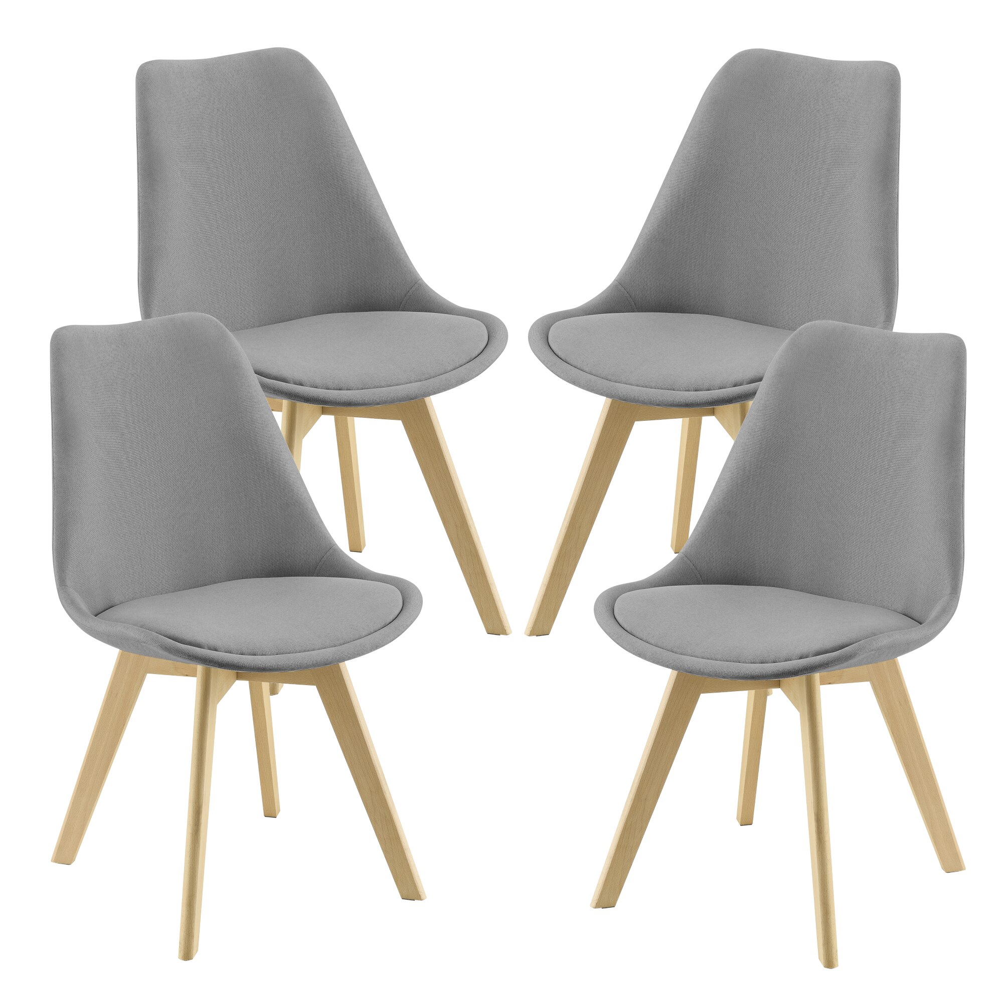 Set 4 bucati scaune bucatarie Frederikstad HG, en.casa, 81 x 42 x 48 cm, plastic/poliester/lemn fag, gri deschis