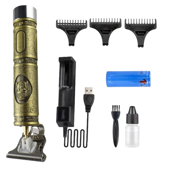 Тример за брада и коса, Златен, Акумулаторна батерия, 3 приставки + Шампоан Nivea Deep, Черен