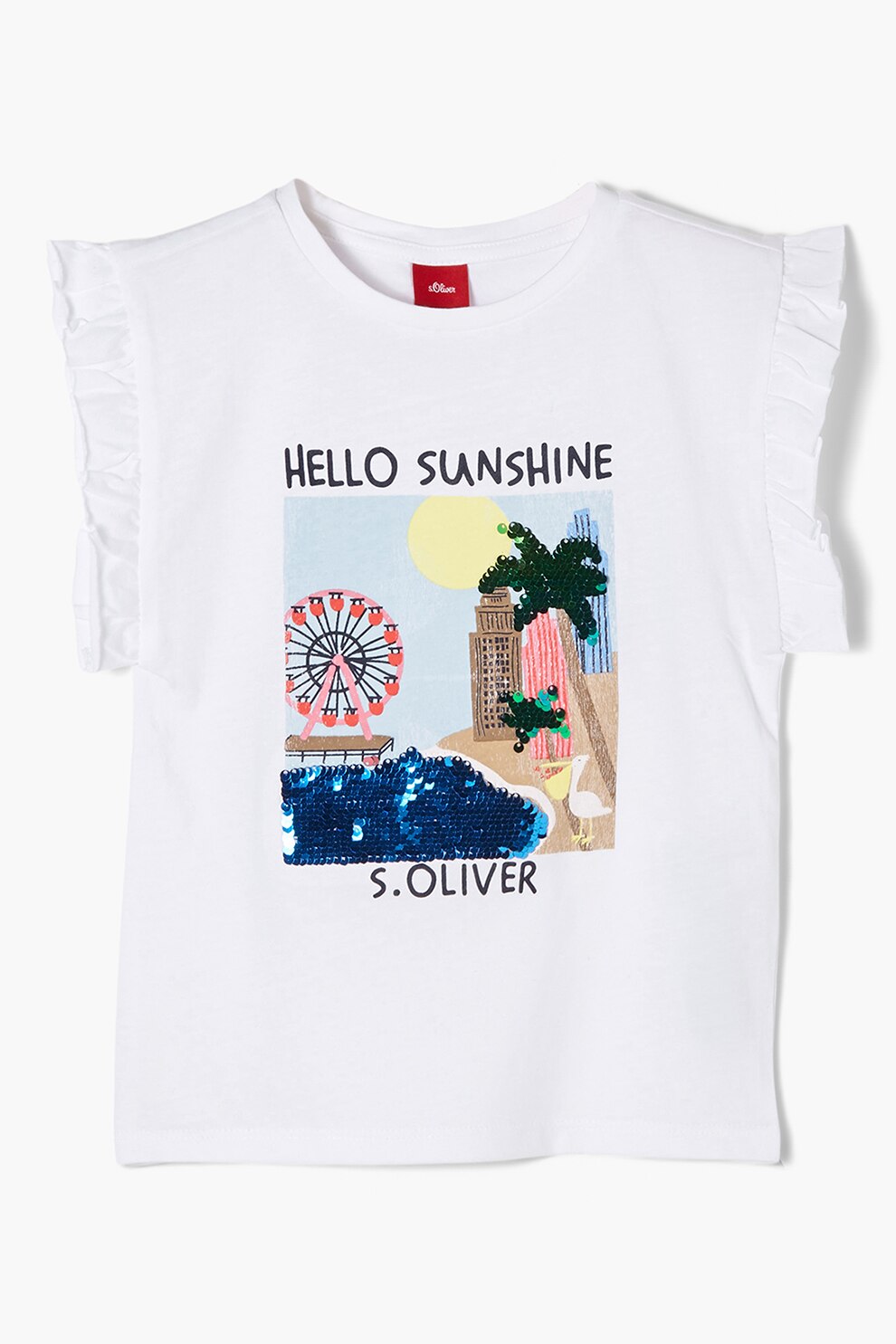 s.Oliver, Tricou cu imprimeu grafic si volane, Alb