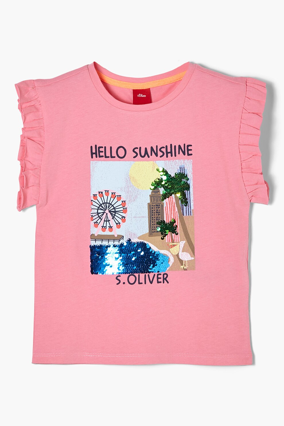 s.Oliver, Tricou cu imprimeu grafic si volane, Roz