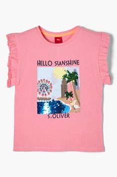 s.Oliver, Tricou cu imprimeu grafic si volane, Roz s.Oliver, Tricou cu imprimeu grafic si volane, Roz
