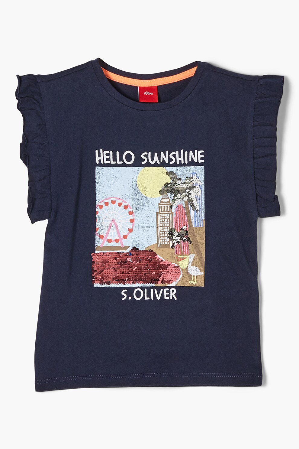 s.Oliver, Tricou cu imprimeu grafic si volane, Bleumarin inchis
