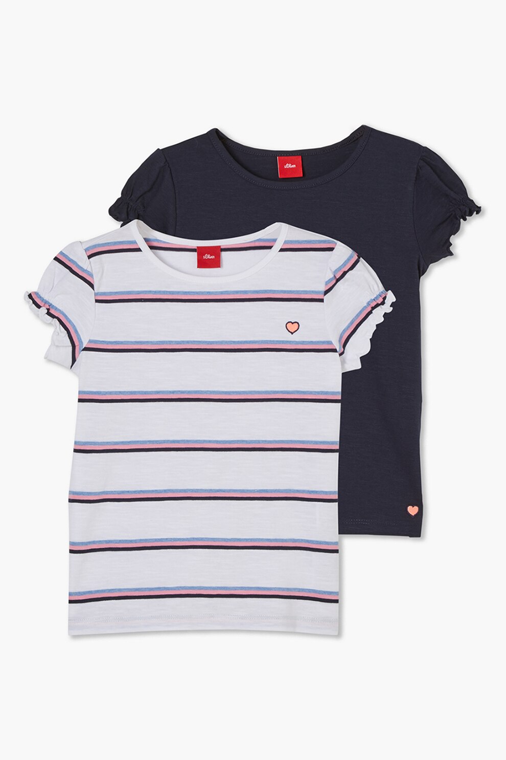 s.Oliver, Set de tricouri din bumbac cu decolteu la baza gatului, 2 piese, fete, Alb/Bleumarin, Alb/Bleumarin