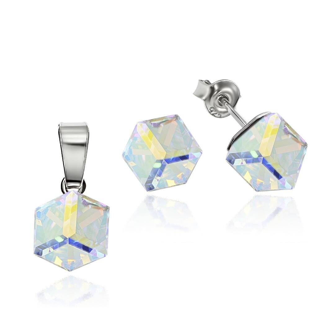 Set Argint 925 placat cu rodiu cu cristale Swarovski® Cubic 6mm, Aurore Boreale, Surub