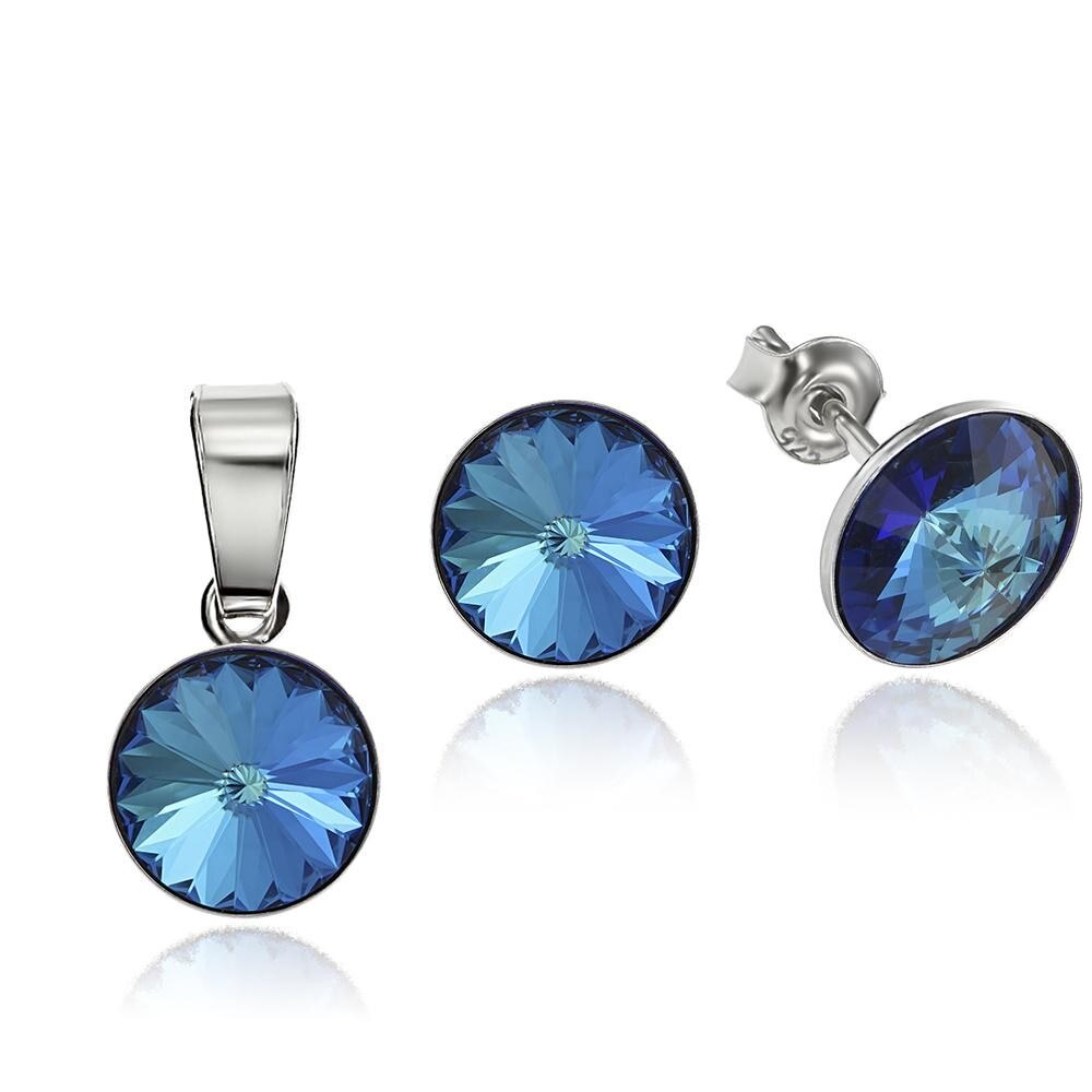 Set Argint 925 placat cu rodiu cu cristale Swarovski® Rivoli Bermuda Blue 8mm Surub