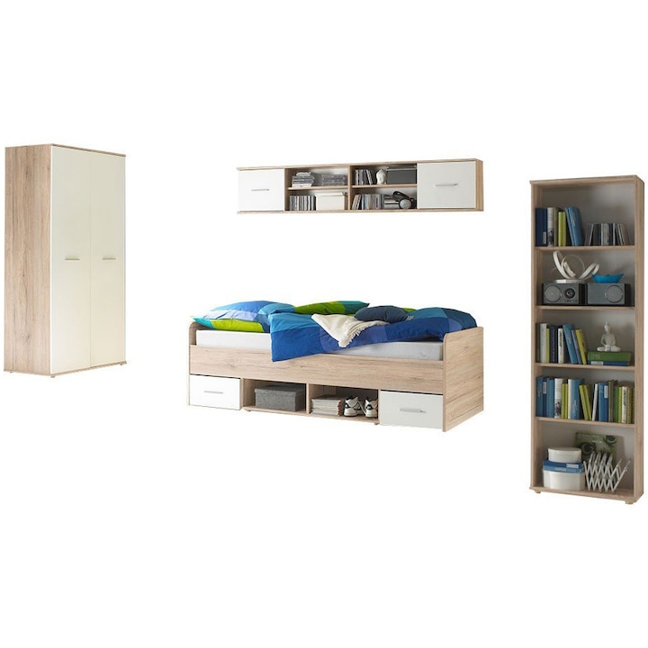 Комплект мебели за спалня Nanu, Легло 90x200, Гардероб, Рафт, Окачен рафт, Цвят Дъб SanRemo