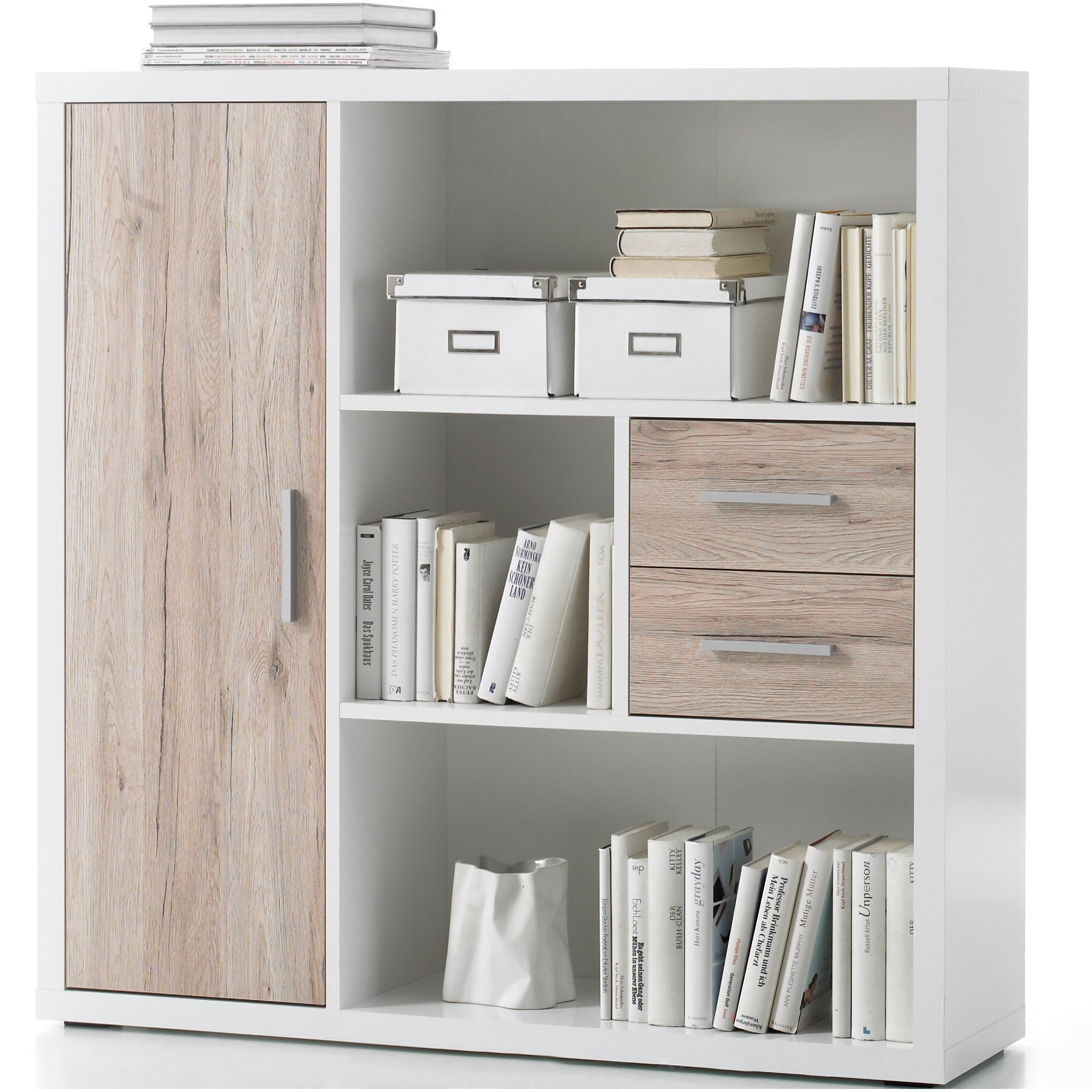 Raft Office Tokyo, 116x33x118 cm, 1 usa, 2 sertare, 3 spatii deschise, culoare Alb, stejar SanRemo
