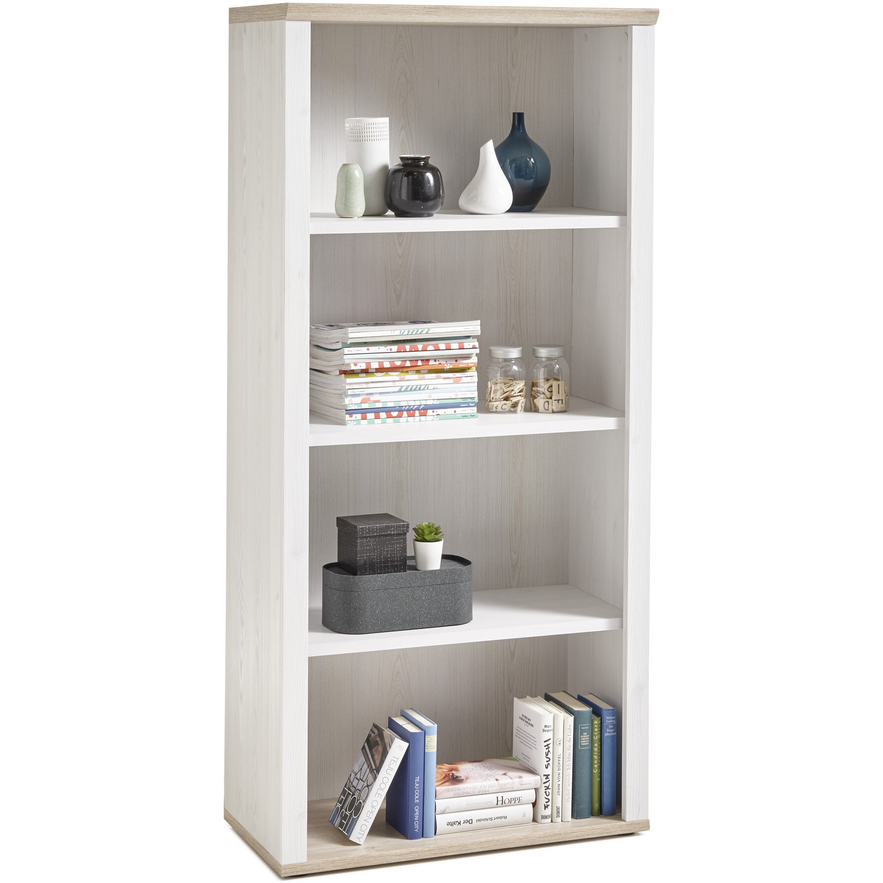 Raft Office Romance 76x38x163 cm, 3 polite, culoare Alb Antichizat, Stejar SanRemo