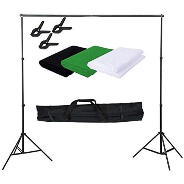 Photo Studio háttérkészlet, 2x2 m, hordtáska, fehér/fekete/zöld