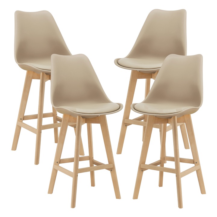 Set 4 bucati scaun bar Lublin B, en.casa, 105 x 48 x 58 cm, plastic/imitatie piele/lemn, bej
