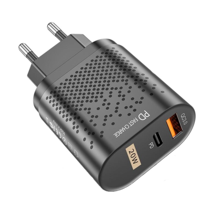 Зарядно устройство MaffStuff с интелигентен щепсел, с 1 USB 3.0 порт и 1 USB порт тип C, със супер бързо зареждане, черно