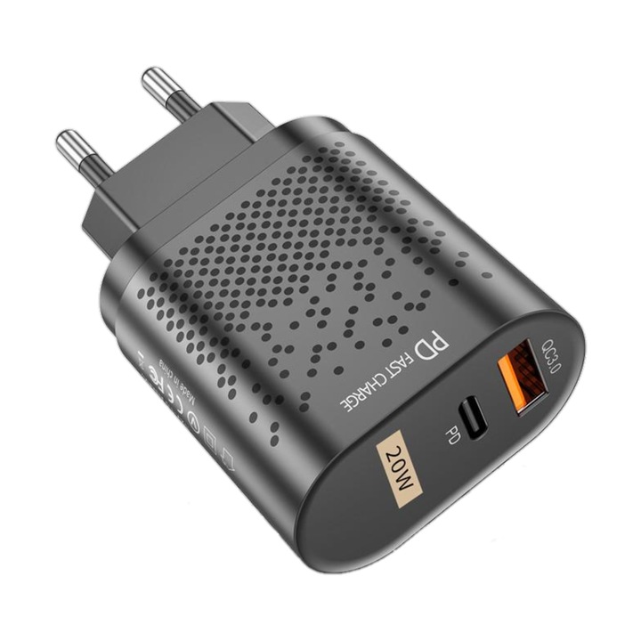 OEM Intelligens csatlakozós töltő, 1 USB 3.0 porttal és 1 USB típusú C porttal, szupergyors töltéssel, univerzálisan kompatibilis, fekete