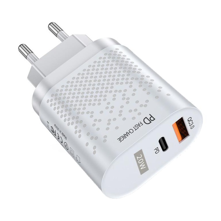 OEM Intelligens aljzatos töltő, 1 USB 3.0 porttal és 1 USB típusú C porttal, szupergyors töltéssel, univerzálisan kompatibilis, fehér