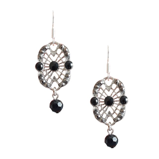 Cercei drop dama, argintiu/negru, 4.7 cm lungime