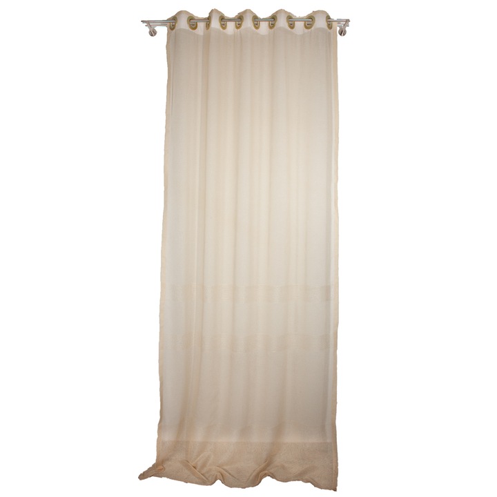Ленена завеса с мотив, изработен върху халки от телбод, крем-масло, 300 х 260 см