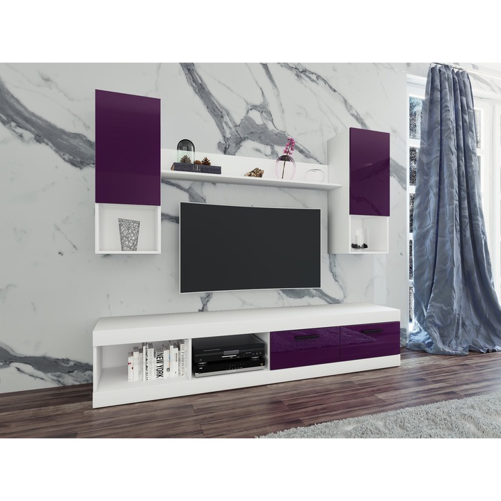 Комплект мебели за дневна Irim Pascale, 200x38.5x171 см, Лилав/ Бял, Предна част MDF