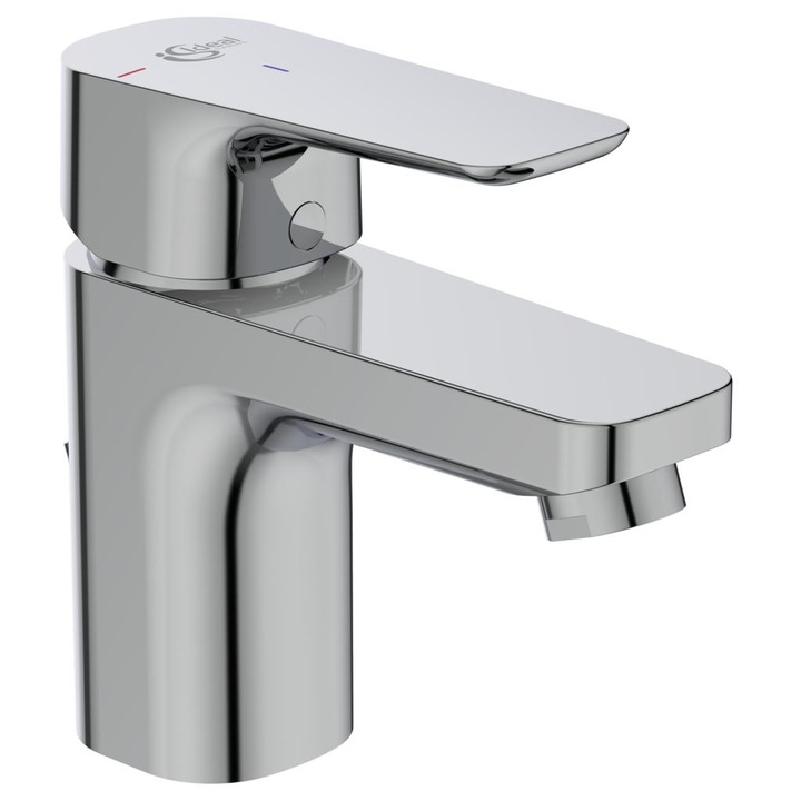 Смесител Ideal Standard, Ceraplan III, BC566, 38 mm керамичен затварящ механизъм с ограничител на топла вода, технология студен старт BlueStart®, метална ръкохватка с индикатор за топла и студена вода, метален изпразнител