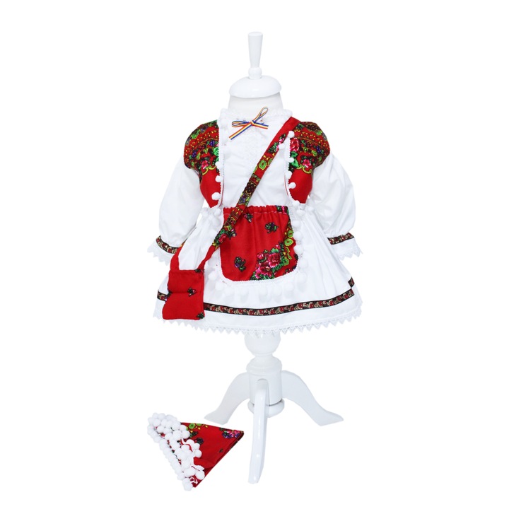 Costum popular alb-rosu pentru botez, 5 piese, bluza, fusta cu fota aplicata, vesta, traistuta, batic pentru fetite, REC1180, 3-6 luni