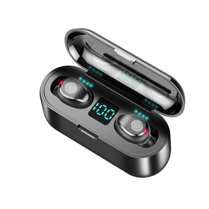Безжични слушалки TWS F-9 BeSmart, Bluetooth 5.0, Powerbank, HiFi HD Sound, Черно