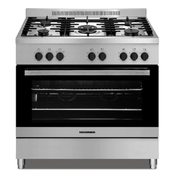 Aragaz semi-profesional Heinner HFSC-S90LITGR-IX, 90x60 cm, 5 arzatoare (1 WOK), gratare fonta, 110l, rotisor, grill, Argintiu