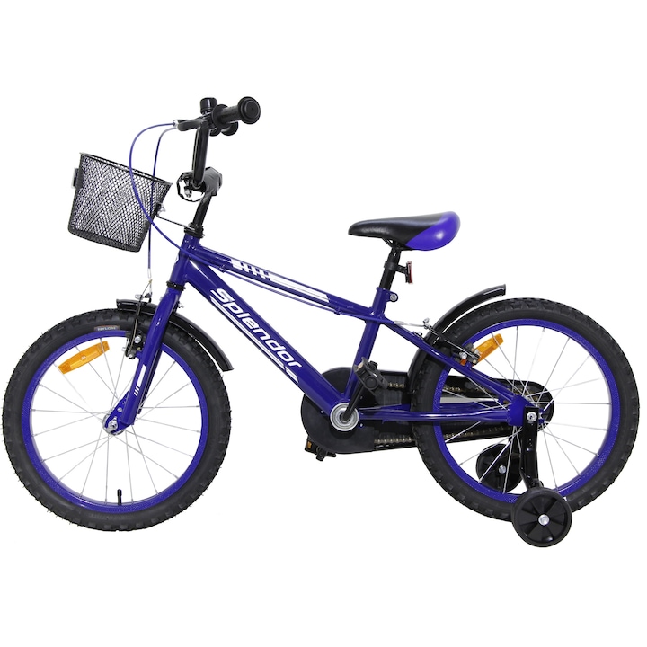 Велосипед Splendor SPL16V, за деца на възраст 4-7 години, спомагателни колела, предпазители, кош за играчки, син, 16 инча