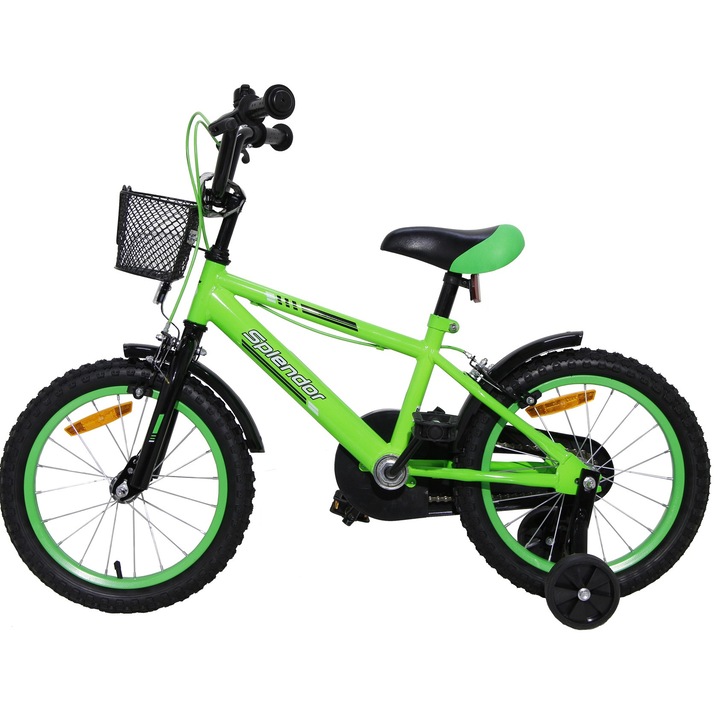 Bicicleta pentru copii, 14“, Splendor SPL12V pentru copii cu varsta intre 3-5 ani,roti ajutatoare, aparatoare , cosulet pentru jucarii support, SPL14V (Verde)