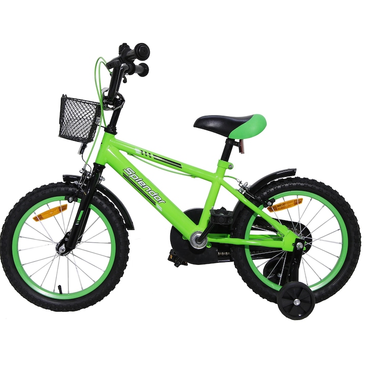 Велосипед Splendor SPL16V 16 ", за деца на възраст 4-7 години, спомагателни колела, предпазители, кош за играчки, зелен