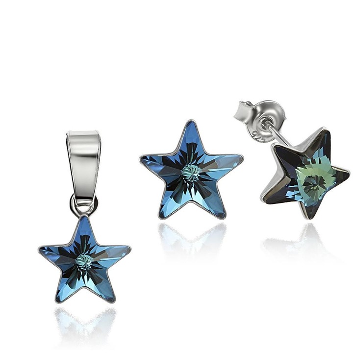 Set Argint 925 placat cu rodiu cu cristale Swarovski® Star, 10mm, Bermuda Blue, Surub