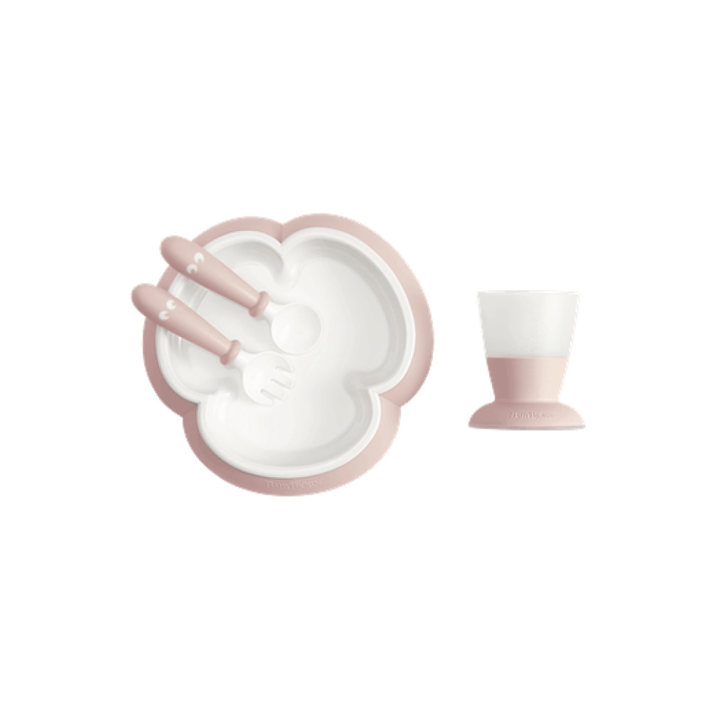 Set hranire farfurie, lingurita si furculita si pahar pentru bebe, BabyBjorn, Powder Pink