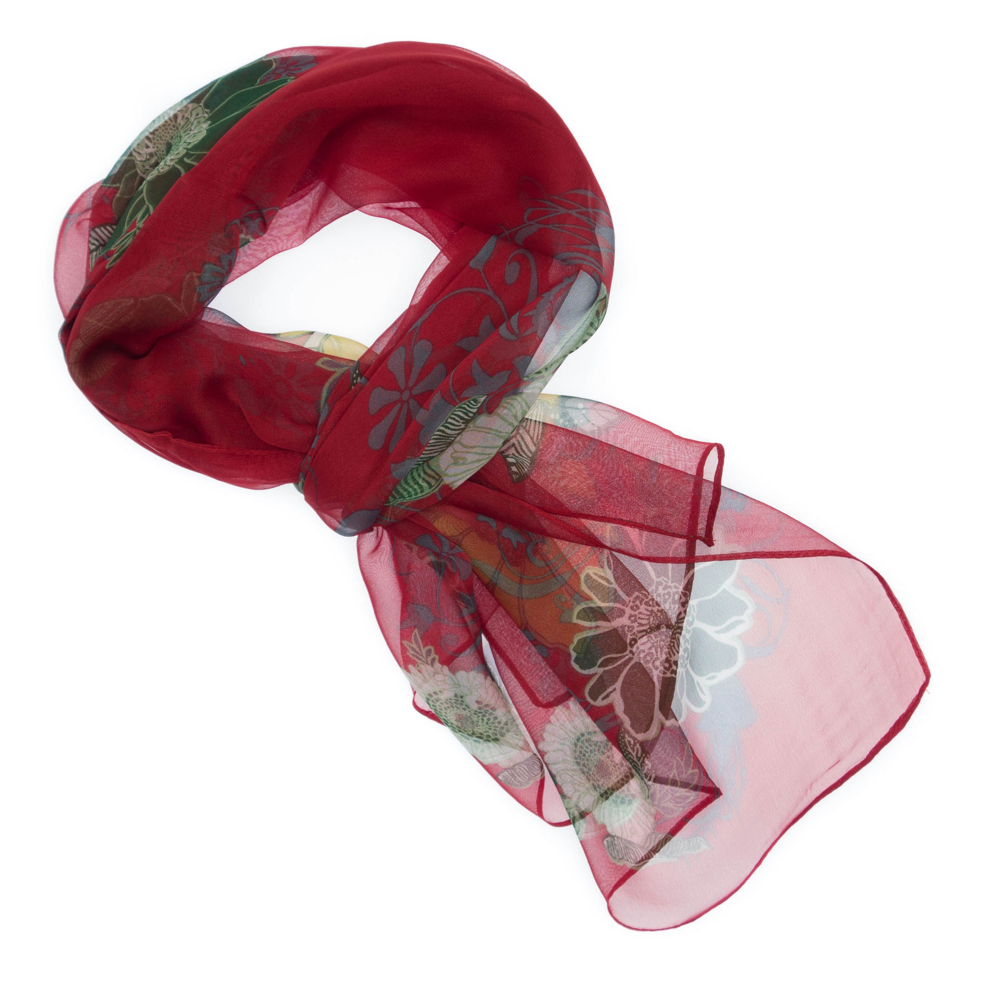 Esarfa de dama, Buticcochet, Rosu cu flori multicolore - ES634