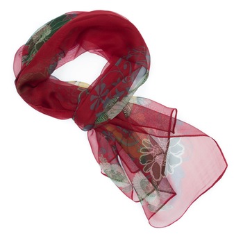 Esarfa de dama, Buticcochet, Rosu cu flori multicolore - ES634 Esarfa de dama, Buticcochet, Rosu cu flori multicolore - ES634