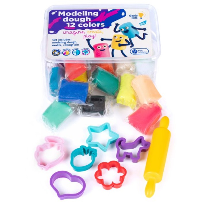 Комплект пластилин Genio Kids 12 цвята и 7 аксесоара, 650 гр