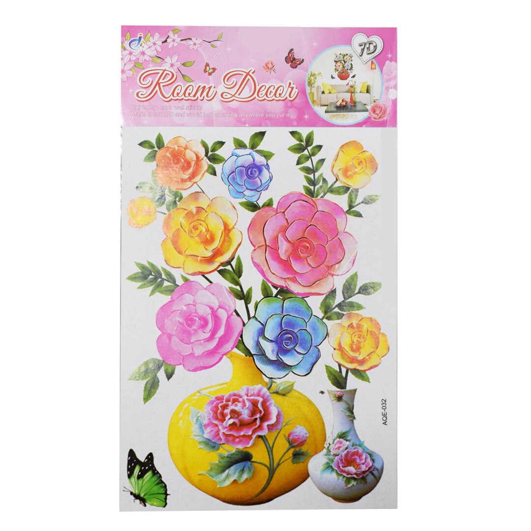 Sticker decorativ autocolant 7D, Naimeed D398-032, model Vaza cu Flori, 52 x 32 cm