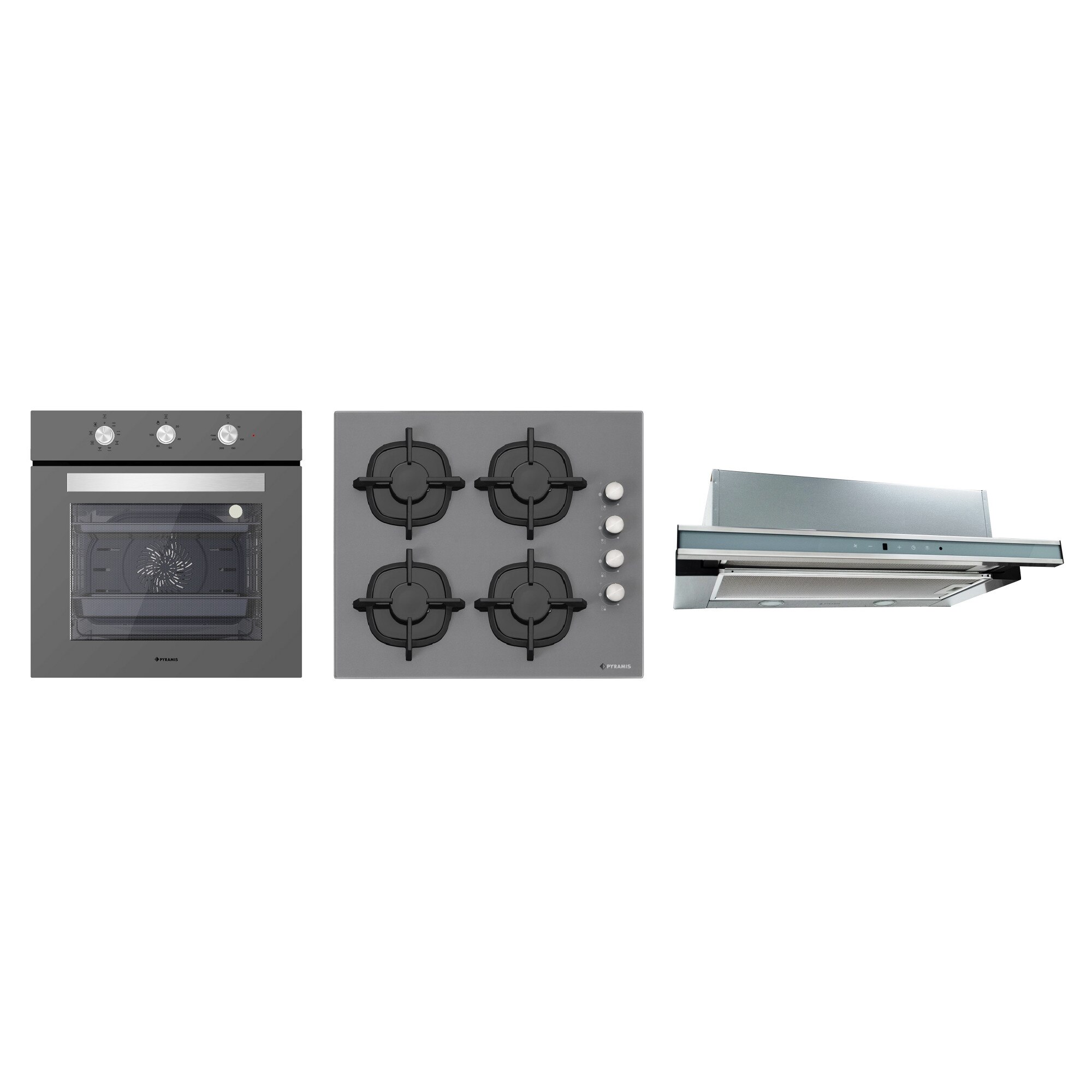 Pachet PYRAMIS 4017, cuptor electric 8 functii, clasa A, 72l, plita gaz, gratare fonta individuale si hota telescopica, finisaj sticla gri