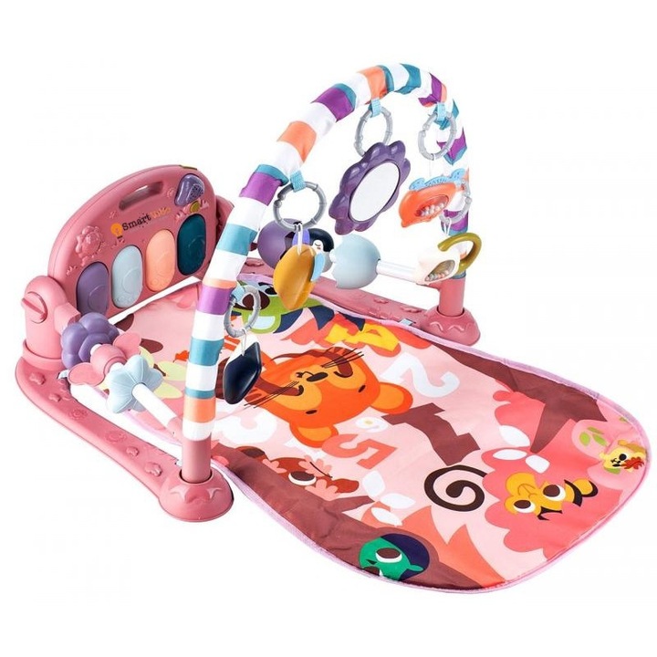 Кът за дейности KinderVibe, с подвижно пиано, със звуци и светлини, с дрънкалки и различни играчки, подвижно огледало, регулируем обем, розово