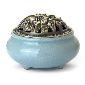 Suport ardere betisoare parfumate si conuri cu efect de cascada, backflow, ceramica, bleu, cu capac metalic Suport ardere betisoare parfumate si conuri cu efect de cascada, backflow, ceramica, bleu, cu capac metalic