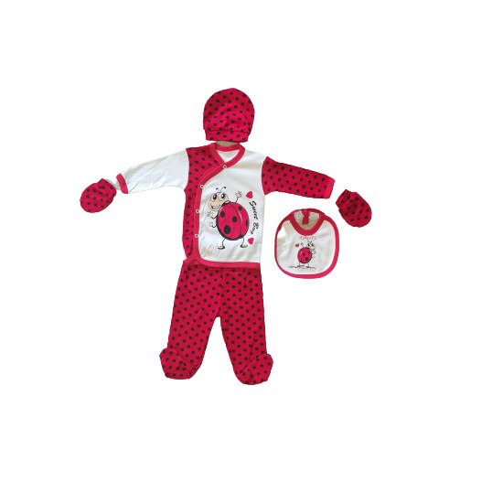 Set hainute 5 piese pentru bebe, 0 -3 luni, bumbac, Alb Rosu, Imprimeu Buburuza