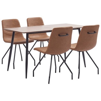 Set de 5 piese masa cu 4 scaune de bucatarie, vidaXL, Piele ecologica/MDF/Otel, 140 x 70 x 75 cm, Maro mat Set de 5 piese masa cu 4 scaune de bucatarie, vidaXL, Piele ecologica/MDF/Otel, 140 x 70 x 75 cm, Maro mat