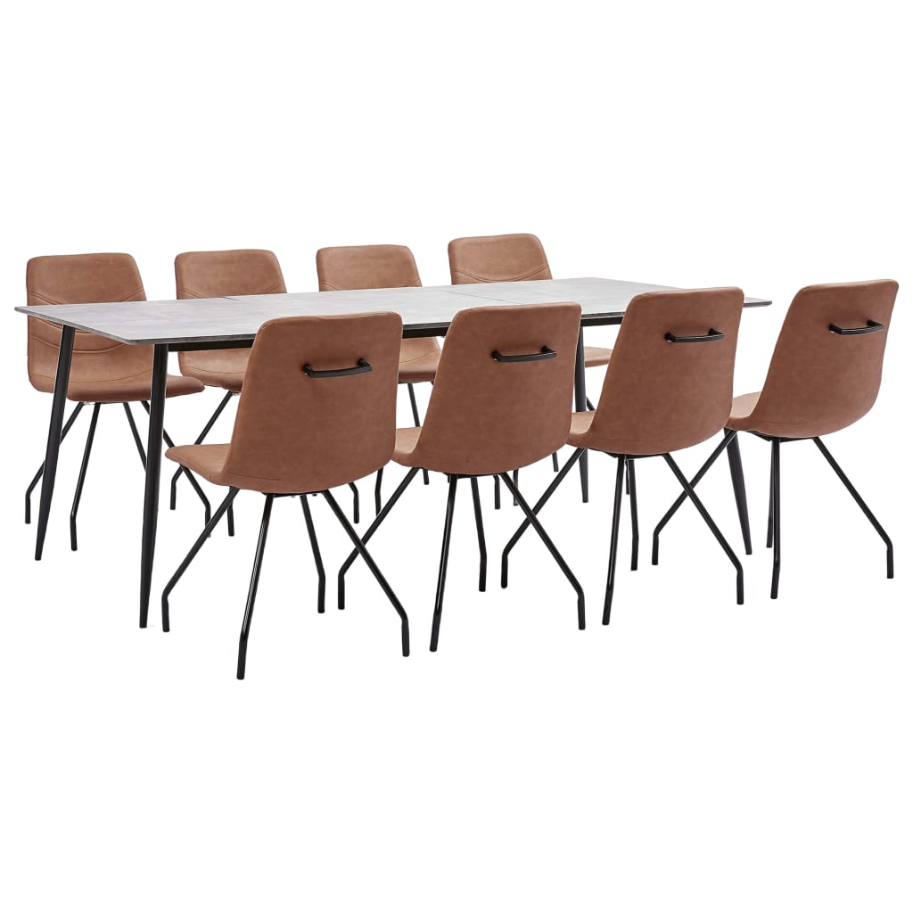 Set mobilier de bucatarie cu 1 masa si 8 scaune cu maner tapitate cu piele ecologica, vidaXL, Piele artificiala, 200 x 100 x 75 cm, Maro